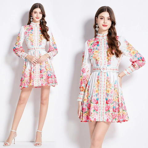 Vintage Court Style Blumen Mini Kleid Für Damen Elegant Stehkragen Laternenärmel Polyester Mit Gürtel