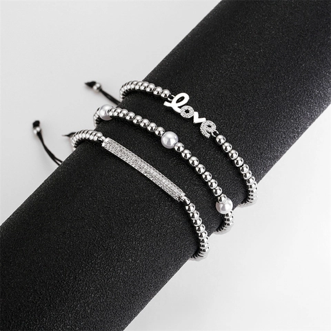 Adjustable Braided Rope Bracelet Copper Micro Pave Zirconia Love Letter Heart Safety Pin Pendant Imitation Artificial Pearl Jewelry