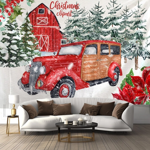 Arazzo Di Natale Poliestere Appeso A Parete Sfondo Acquerello Cartone Animato Babbo Natale Camion Rosso Arredamento Casa