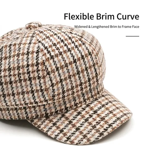 British Retro Houndstooth Newsboy Cap For Women Autumn Winter Warm Polyester Cotton Plaid Octagonal Painter Hat Adjustable