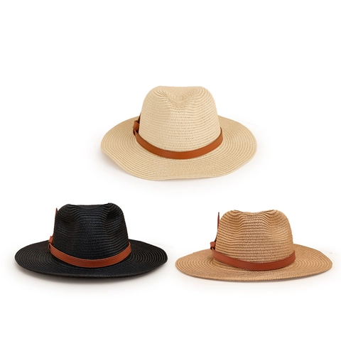 Cappello Fedora In Paglia A Tesa Larga Protezione Solare Estiva Berretto Panama Con Fascia In Pelle PU Intrecciata Per Donna Uomo