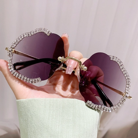 Lunettes De Soleil Sans Monture Surdimensionnées Strass Forme De Fleur Verres Dégradés Monture Métal Femmes