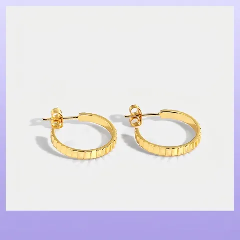 Gear Textured C Shape Hoop Earrings Gold Plated Geometric Jewelry With 925 Sterling Silver Earring Post For Women