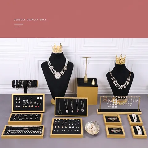 Jewelry Display Stand Velvet Necklace Bust Bracelet Holder Earring Tray Gold Metal Frame Professional Shop Boutique