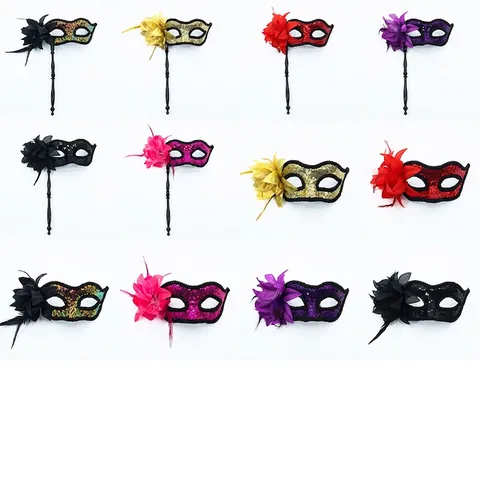 Maschera Da Mascherata Con Paillettes Fiore Laterale Piuma Bastone Portatile Carnevale Veneziano Decorazione Per Donne