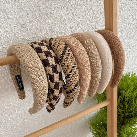 Women Wide Headband Knitted Tweed Houndstooth Padded Thickened High Skull Top Elegant Korean Style Hairband