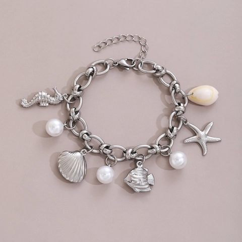 Bracciale Con Ciondoli Tema Oceano Acciaio Inossidabile Cavalluccio Marino Stella Marina Conchiglia E Perla Artificial Regolabile Per Donne Gioielli Da Spiaggia Estivi