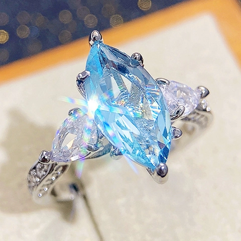 Marquise Cut Light Blue Zircon Ring Copper Three Stone Wedding Engagement Jewelry For Women Elegant Silver Color