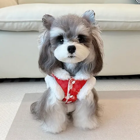 Chinese Style Pet Dog Cat Cotton Vest New Year Festive Butterfly Print Faux Fur Trim Thickened Winter Warm Padded Jacket