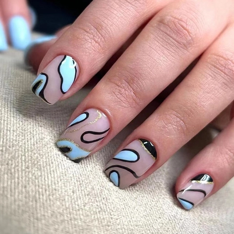 Press On Nails Abstract Blue Black Wavy Pattern Short Square Round Glossy Resin Manicure Tips For Women Fashion