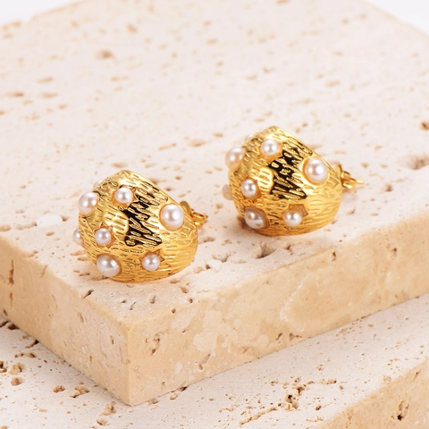 Pendientes De Botón Para Mujer Acero Inoxidable Bañado En Oro 18K Superficie Texturizada Perlas Artificiales Incrustadas Joyería Elegante