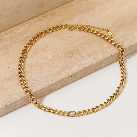 Collier Mailles Cubaines En Acier Inoxydable Avec Pendentif Zircon Chaîne De Clavicule Géométrique Pour Femmes