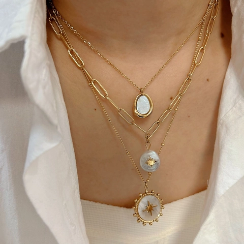 Edelstahl Stern Perlmutt Anhänger Halskette Für Damen Layered Französischen Stil Vergoldet Boho Mode Schmuck Geschenk