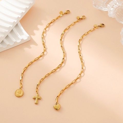 Bracciale A Catena Graffetta In Acciaio Inossidabile Con Ciondoli Croce Cuore Moneta Gioielli Vintage Oro Donna Uomo