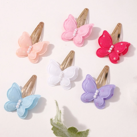 Butterfly Hair Clips Handmade Polyester Fabric Polka Dot Artificial Pearl Double Layer Sweet Hair Accessories For Girls Kids