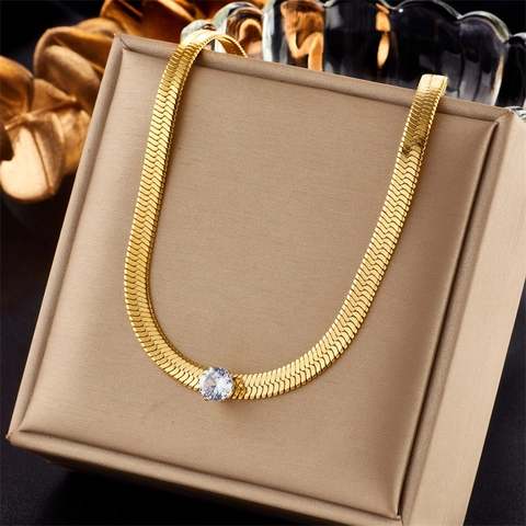 Collier Chaîne Serpent En Acier Inoxydable Plqué Or Avec Pendentif En Zircone Ronde Bijoux De Mode Minimaliste Pour Femmes