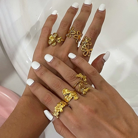 Stainless Steel Flower Leaf Butterfly Open Adjustable Ring For Women Gold Plated Waterproof Hypoallergenic Chic Jewelry