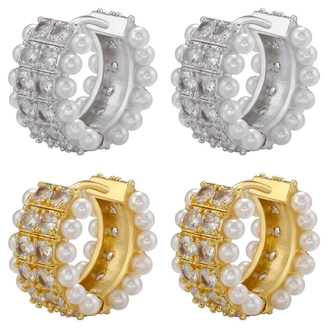 Zweireihige Kunstperlen Zirkon Huggie Ohrringe Messing 18K Vergoldet Eleganter Luxusreifenschmuck Für Damen
