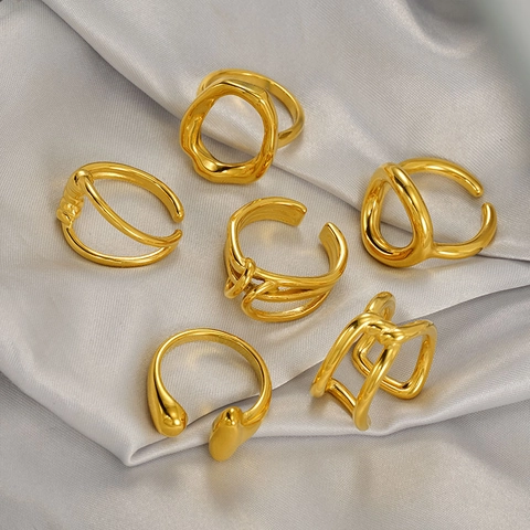 Geometric Irregular Stainless Steel Rings 18K Gold Plated Minimalist Adjustable Open Rings For Women Modern Jewelry