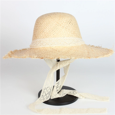 Handmade Raffia Straw Wide Brim Hat With Lace Ribbon Tie Frayed Edge Summer Beach Sunshade For Women
