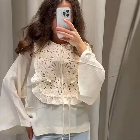 Hollow Out Lace Embroidery Long Sleeve Top And Mini Skirt Outfits For Women Casual Streetwear White Elegant