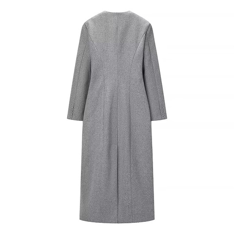 Dames Lange Wollen Jas Asymmetrisch Double Breasted Ronde Hals Herfst Winter Commuter Grijs Mode Jas Bovenkleding