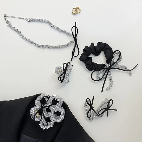 Elegant Black Bow Hair Clip Scrunchies And Bead Choker Necklace Set Rhinestone Alloy Hair Accessories For Women Party Jewelry
