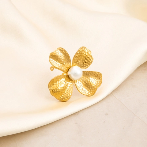 Stainless Steel 18K Gold Plated Flower Petal Open Adjustable Ring With Artificial Pearl For Women Elegant INS Fashion Jewelry
