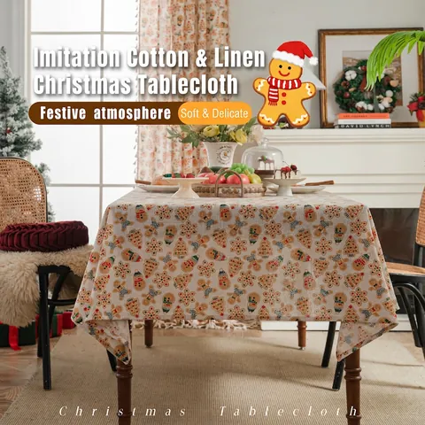 Christmas Tablecloth Cotton Linen Blend Gingerbread Man Print Rectangular Festive Holiday Kitchen Dining Table Cover