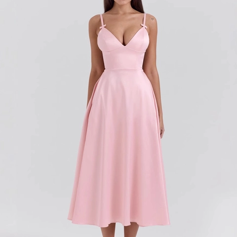 Pink Satin Spaghetti Strap V-Neck Midi Dress For Women Elegant Polyester High Waist A-Line Evening Party Gown With Bow