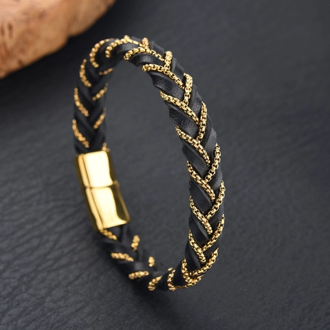 Pulsera Para Hombre De Cuero Trenzado Con Cadena De Acero Inoxidable Pulido Cierre Magnético Joyería Geométrica Mínima