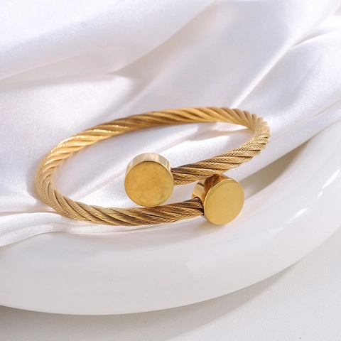 Bracciale Rigido Aperto in Acciaio al Titanio con Cavo Intrecciato Oro Placcato Doppia Testa Rotonda Bracciale a Polsino Elastico