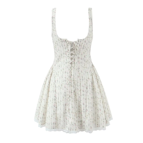 Women French Retro Floral Lace Trim Mini Dress Nylon Elastane Polyester Strap A-Line Back Lace-Up Sweet Sexy Sundress