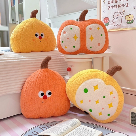 Plush Pumpkin Shaped Throw Pillow Cute Cartoon Face Soft Teddy Fleece Cushion For Halloween Home Decor Sofa