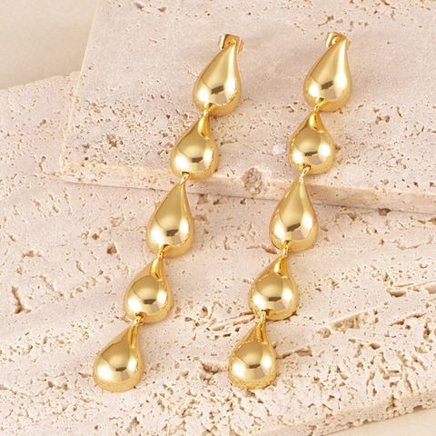 Minimalistische Koperen Hangoorbellen Gelaagde Waterdruppel Hoogglans Trendy Lange Spiegelglans Druppeloorbellen Voor Dames