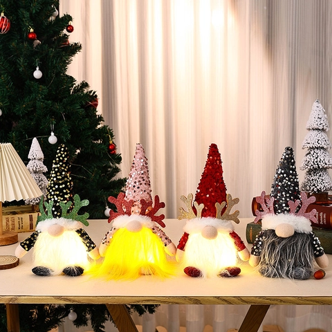 Gnomo Di Natale Peluche Luminoso Corna Di Renna Cappello Con Paillettes Ornamento Da Tavolo Decorazione Festiva Stile Rudolph