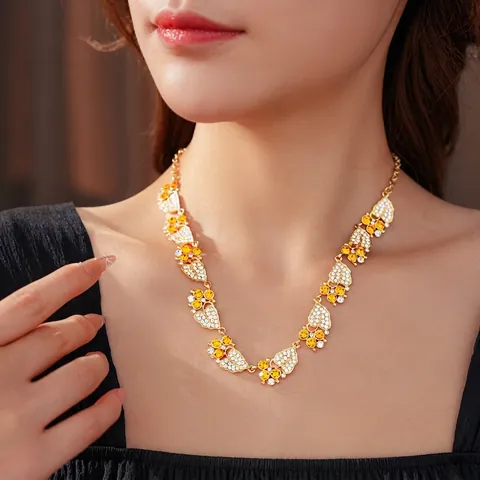 Collar Vintage De Aleación Dorada Con Hojas Y Circonitas Naranjas Y Blancas Joyería Floral Elegante De Estilo Francés Para Mujeres