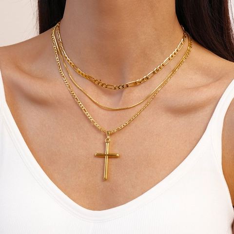 Mehrlagige Kreuz Anhänger Halskette Kupfer Vergoldet Figaro Schlangenkette Minimalistischer Schmuck Frauen