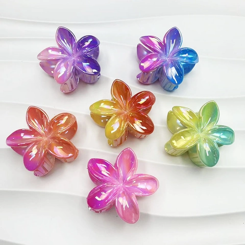 Flower Hair Claw Clips Iridescent Plastic Resin Gradient Frangipani Shark Clip Sweet Elegant Accessories For Women
