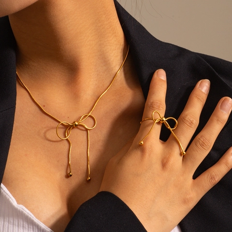 Bowknot Pendant Necklace Stainless Steel 18K Gold Plated Snake Bone Chain Minimalist Jewelry Gift For Women
