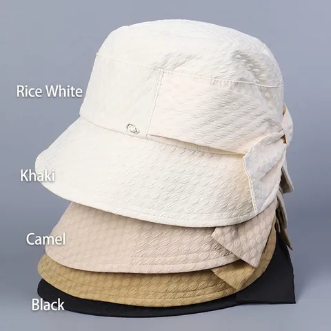 Women Elegant Bucket Hat Seersucker Texture Sun Protection Summer Foldable Bow Decor Solid Color Commuter Headwear