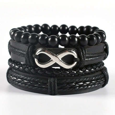 Vintage Black Leather Bracelet Set For Men Handmade Braided Cord Infinity Symbol Adjustable Retro Fashion Jewelry Combo
