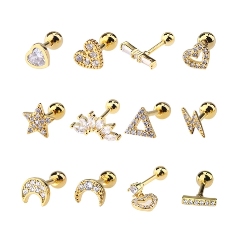 Heart Star Moon Zircon Copper Stud Earrings Gold Silver Plated Screw Back Ear Bone Piercing Jewelry For Women