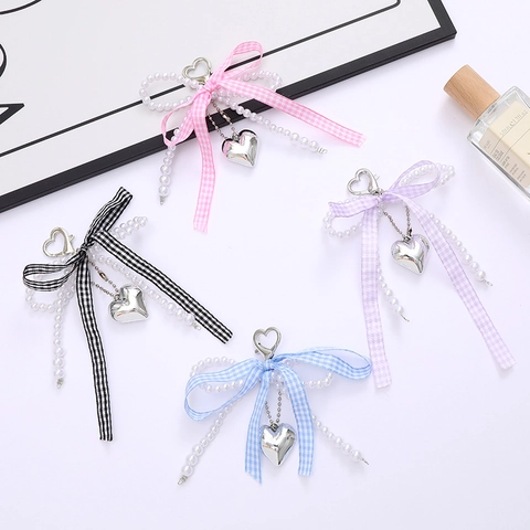 Elegant Artificial Pearl Bow Keychain For Women Plaid Ribbon Heart Pendant Hand-beaded Bag Accessory Keychain For Bags Phone Cases