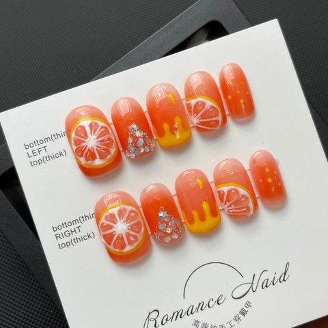 Summer Fresh Hand Painted Three-Dimensional Blush Jelly Orange Press On Nails Manual Manicure False Nail Tips For Women