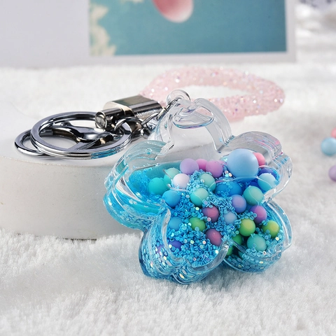 Blumen Treibsand Schlüsselanhänger Acryl Flüssigkeit Macaron Perlen Glitzer Lanyard Glocke Rucksack Anhänger Zubehör