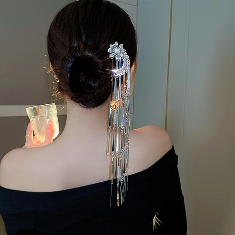 New Chinese Style Flower Artificial Pearl Tassel Hair Stick Metal Hair Fork For Women Vintage Elegant Hair Accessories Banquet Party Jewelry