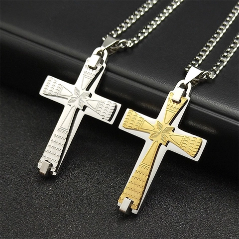 Collar Con Colgante De Cruz De Acero Inoxidable Crucifijo De Jesús Joyería Religiosa Cadena Cubana Unisex