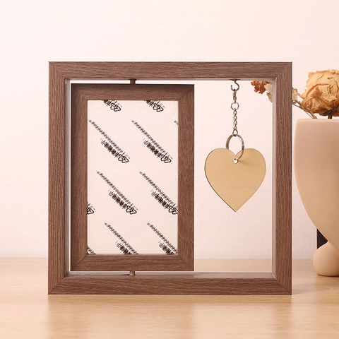 Marco De Fotos Giratorio Doble Cara Grano De Madera Pantalla Mesa Decoración Hogar Rústica Con Colgante Corazón O Mini Lámpara