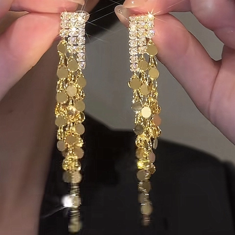 Kupfer Lange Quasten Ohrhänger Mit Zirkonia Runden Pailletten Und 925 Sterling Silber Ohrstecker Luxus Schmuck